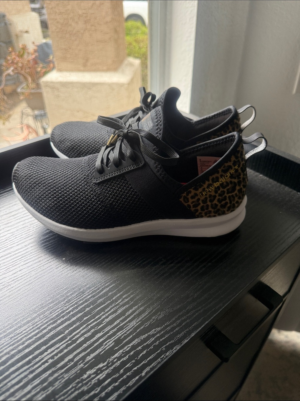 New Balance Women's Black Knit Athletic Shoes with Leopard Heel